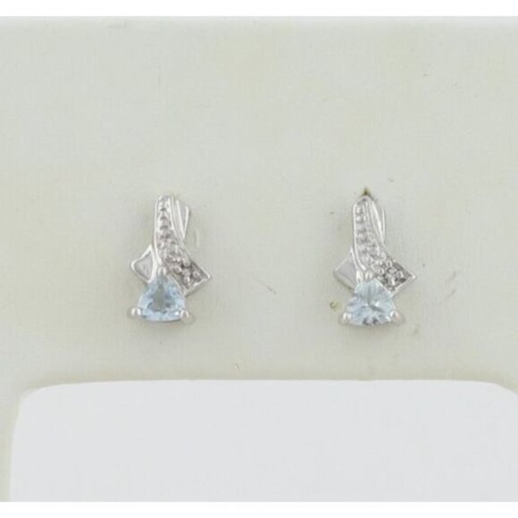 10k White Gold Natural Aquamarine and Diamond Earrings Stud Post 3/8" x 1/4" - Picture 1 of 10